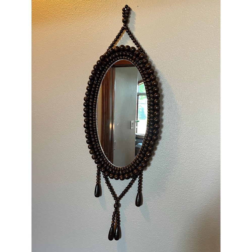Vintage 1970s Boho Beaded Wall Mirror Oval Wood Bead Tassel Mirror Retro Decor